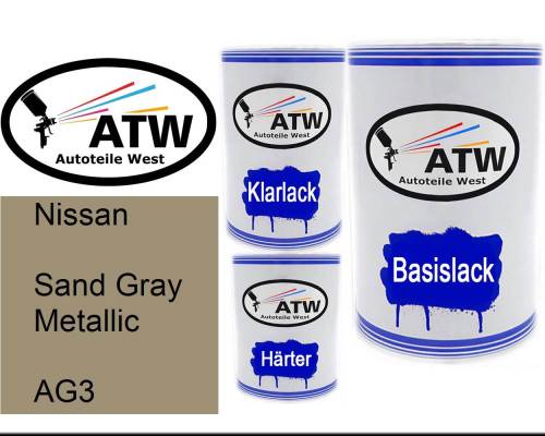 Nissan, Sand Gray Metallic, AG3: 500ml Lackdose + 500ml Klarlack + 250ml Härter - Set, von ATW Autoteile West.